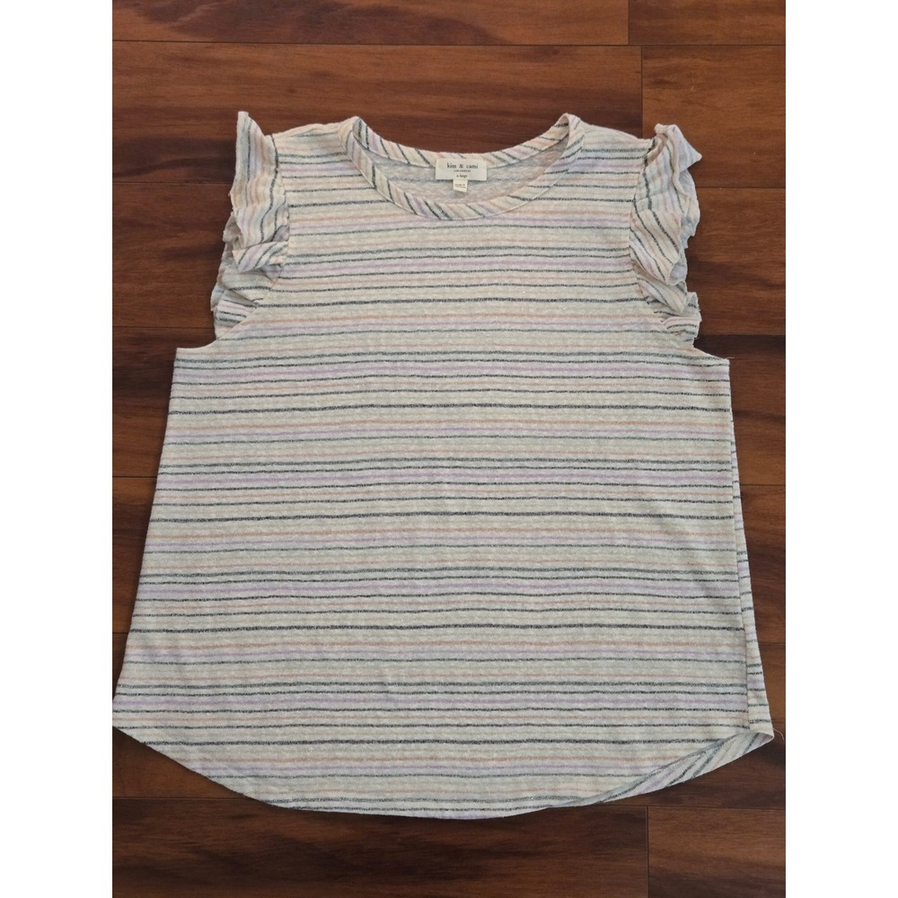 Kim & Cami Los Angeles Ruffle Sleeve Striped Metallic Knit Top XL A2077-B196